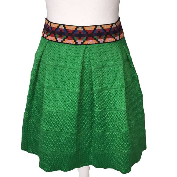 Aina Be Ruffled Skater Skirt Medium Green Aztec Western Stretch Waist Festival - Picture 1 of 8